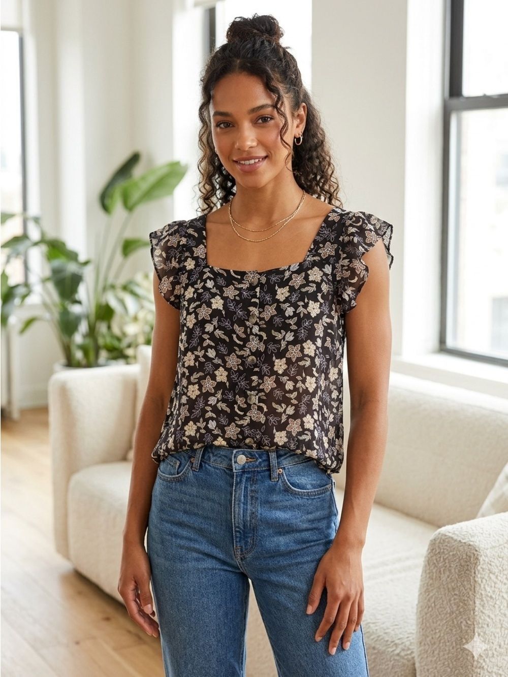 New Dip Black Floral Ruffle Blouse
